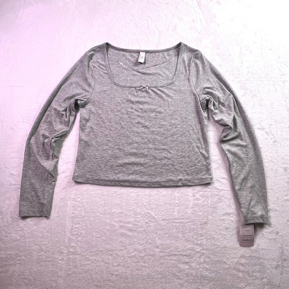 Auden Womens Gray Ribbed Square Neck Long Sleeve Sleep Top Bow Detail Large NEW